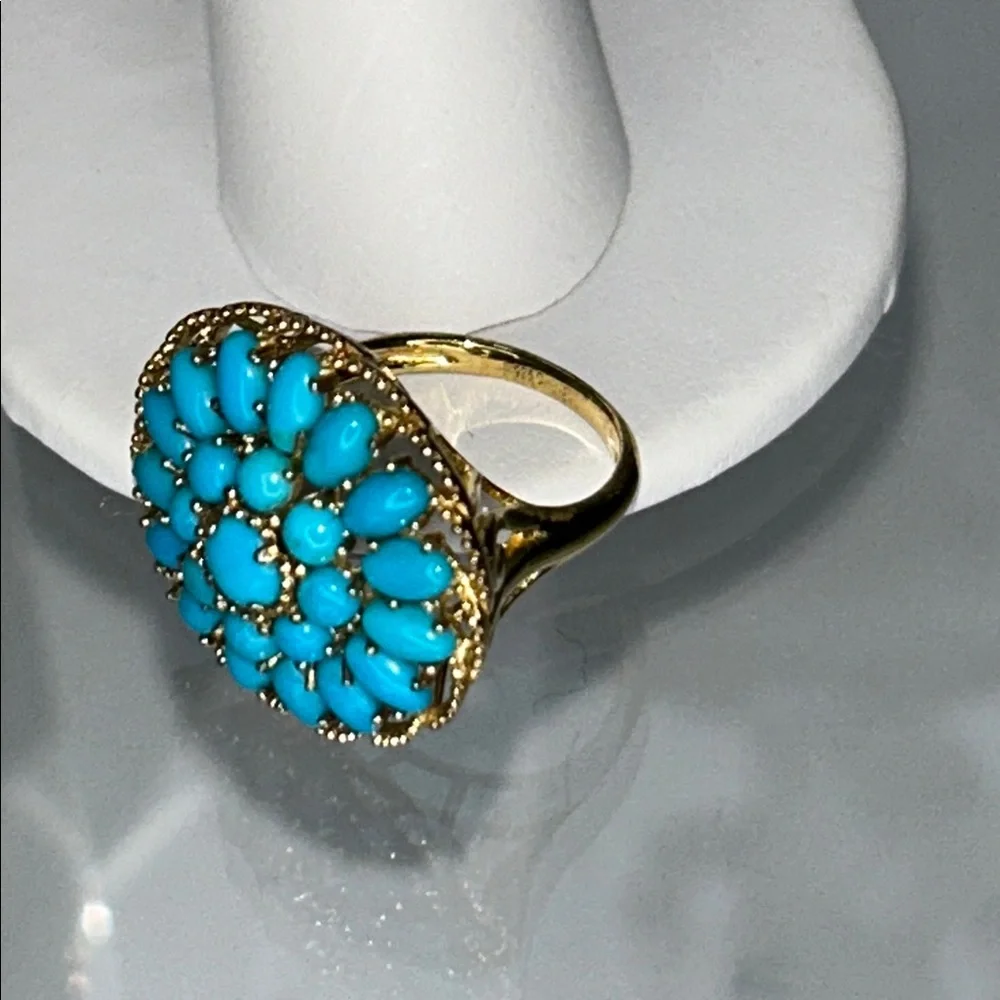NWOT Genuine Turquoise Gemstone Gold Plated Sterling Silver Designer Ring Boho